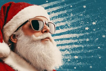 A modern and stylish Santa Claus is shown wearing sunglasses and a traditional red outfit with a trendy twist, embodying a cool holiday spirit.