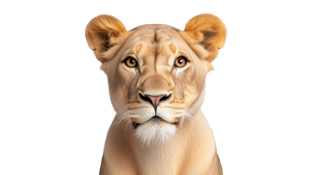 Closeup of a young lioness staring forward with a neutral expression on transparent background