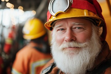 A cheerful bearded worker wearing a safety helmet and Christmas hat, smiling on a bustling construction site, blending holiday cheer with hard work.