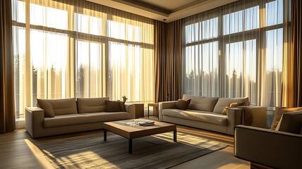 A living room with soft, modern furniture, large floor-to-ceiling windows with light, transparent curtains, the room bathed in gentle sunlight, warm and calm atmosphere.