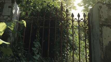 Closed factory gates with rusting metal and faded paint, symbolizing the decline of industry and the passage of time, reflecting a poignant reminder of economic shifts and the human impact of change