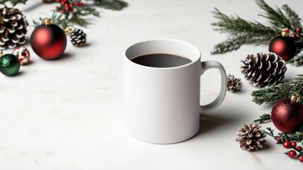 White coffee cup mockup with red and green festive motifs, resting on a snowdusted surface with Christmas baubles and pinecones surrounding it