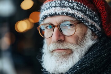 A thoughtful senior man in winter attire, wearing a knitted hat and scarf, peers through round glasses, capturing a sense of wisdom and reflection outdoors.
