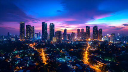 Fototapeta premium City skyline during twilight with glowing lights and colorful sky, depicting urban cityscape, bustling streets, and vibrant evening atmosphere