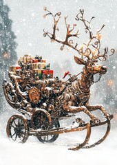 Obraz premium Festive reindeer with a sleigh full of gifts, set against a snowy backdrop, evoking holiday cheer and celebrations.