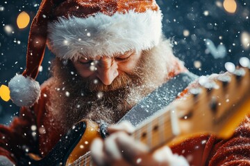 Santa Claus, in festive attire, intensely plays an electric guitar amidst falling snow, capturing the energy and enthusiasm of a rock-infused holiday spirit.
