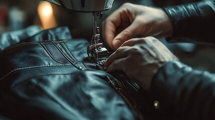 Closeup of a leather jacket being stitched on a sewing machine