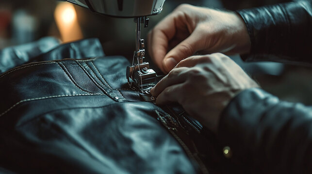 Closeup of a leather jacket being stitched on a sewing machine