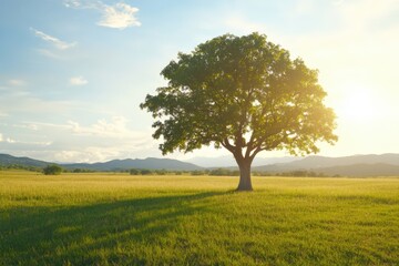 Fototapeta premium Serene countryside landscape with lone tree and mountains