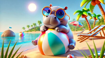 Fototapeta premium Cartoon hippo relaxing on beach with giant beach ball 