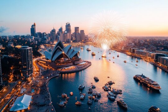 An evening cityscape of Sydney featuring the iconic Opera House and dazzling fireworks over the harbor, capturing thrill and the celebratory spirit of New Year.