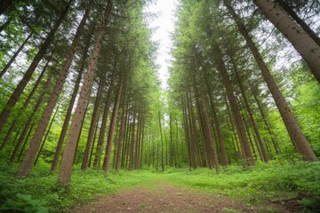 Obraz premium Serene forest path through lush green trees