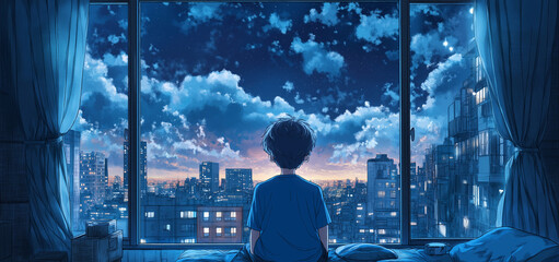 A young anime lofi boy at night dark background. relax music, fantacy, chilling concept. 