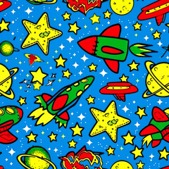 Seamless pattern with rockets, stars, planets and UFOs on a blue background.