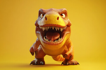 A cartoonish dinosaur with an open mouth on a vibrant yellow background.