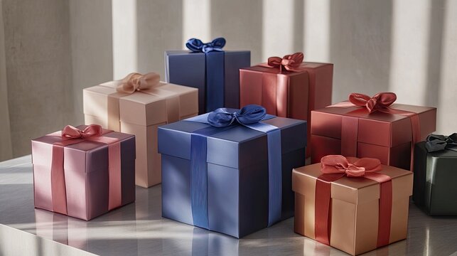 A collection of premium gift boxes in various colors, featuring glossy finishes and satin ribbons, evoking a sense of luxury and celebration.