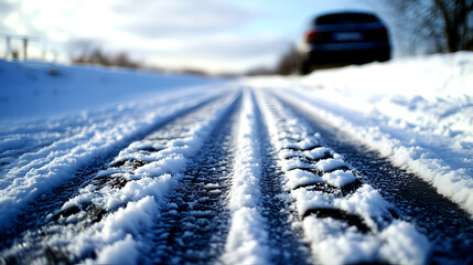 Close-up of tire tracks on a snow-covered road, symbolizing winter travel, fresh snow, and the cold season, capturing an atmospheric perspective under a bright blue sky in wintertime