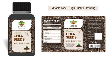 Chia seeds label design Chia seeds Salvia hispanica nutrition superfood sticker design pouch packaging jar product label design, vector illustration print ready template download