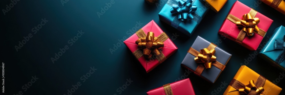 Poster Colorful gift boxes with shiny bows are artfully arranged on a dark surface, creating a festive atmosphere ideal for any celebration. Generative AI