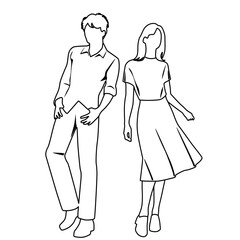 Vector silhouettes of man and woman, couple of standing  business people, profile, hand draw, linear sketch, black and white color isolated on white background