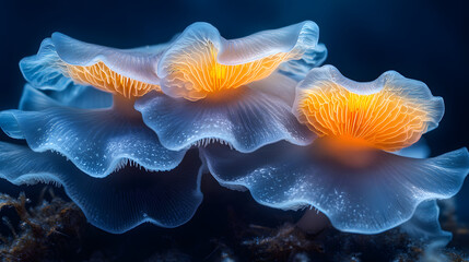 A Captivating Scene of Mycelial Networks and Flammulina Velutipes Mushrooms Under Ethereal Lighting, Emphasizing Colorful Lipid Interactions and Background Transitions