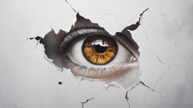 Eye looking trhough a rip in wall or page or screen. closeup.