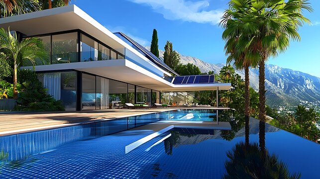 Here’s a sentence to describe a swimming pool at night:
Luxury poolside escape at a tropical resort, palm trees swaying under a starry sky - Powered by Adobe