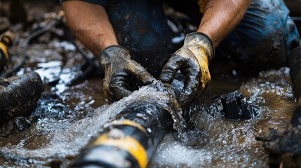 Close-up of a plumber's hands fixing a burst pipe with water leakage, highlighting the urgency and skill involved in emergency plumbing repairs.