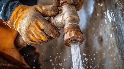 Close-up of a plumber's hands fixing a burst pipe with water leakage, highlighting the urgency and skill involved in emergency plumbing repairs.