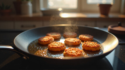 Frying latkes, appetizing mood, crispy potato pancakes in pan, bright kitchen background