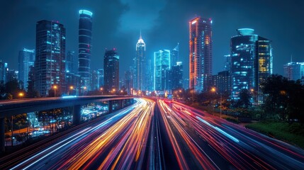 Fototapeta premium Night City Skyline with Light Trails