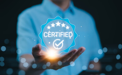 Certified concept. A person holds a glowing holographic badge displaying the word 