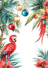 Fototapeta premium Vibrant tropical scene featuring a red flamingo surrounded by holiday decorations and lush greenery on a white background.