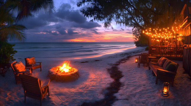 A peaceful beachfront retreat featuring a cozy fire pit and twinkling lights, creating a serene atmosphere for an unforgettable sunset experience.
