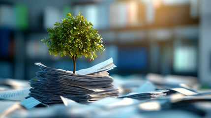 Young tree growing from a stack of paperwork in an office, symbolizing sustainability, eco-friendly work environment, green initiatives, and hope amidst corporate bureaucracy