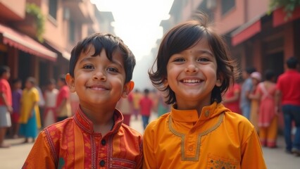 Bal Diwas. Funny Indian children in close-up in traditional outfits against  background of the streets of the decorated city during the Children's Day celebration festival. Holiday banner. Copy space.