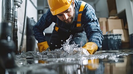 Emergency plumbing service fixing a pipe leak in a basement, with water spilling and the plumber in action, preventing further damage to property.