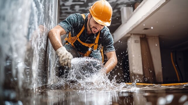 Emergency plumbing service fixing a pipe leak in a basement, with water spilling and the plumber in action, preventing further damage to property.