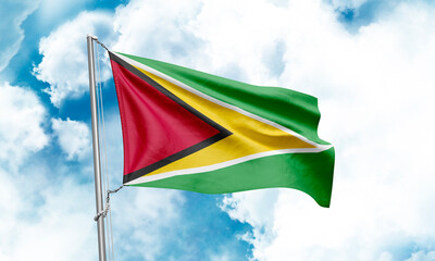 Guyana flag waving on sky background. 3D Rendering