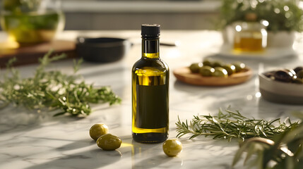 Fototapeta premium Highlighting the Benefits of Cold-Pressed Oil for Healthy Cooking, Skin, and Digestion in a Health-Conscious, Minimalist Setup