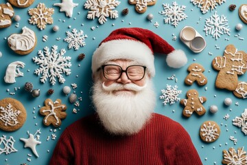 Santa Claus, wearing glasses and a red sweater, smiles heartily, lying amidst an array of intricately iced cookies and snowflakes on a blue backdrop, exuding holiday cheer.