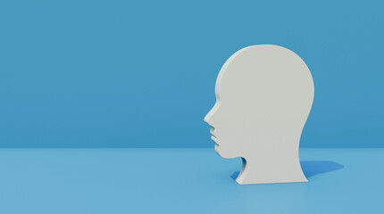 Silhouette of a person in profile 3d illustration on blue background. Head silhouette on blue background. Business or psychology presentation template.