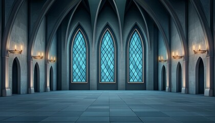 A beautifully designed interior featuring tall arched windows and elegant wall sconces, ideal for a fantasy setting.