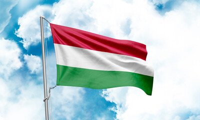 Hungary flag waving on sky background. 3D Rendering