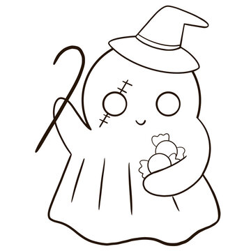 cute ghost holding candy, wearing witch hat clip art preview