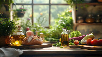 Fototapeta premium Highlighting the Benefits of Cold-Pressed Oil for Healthy Cooking, Skin, and Digestion in a Health-Conscious, Minimalist Setup