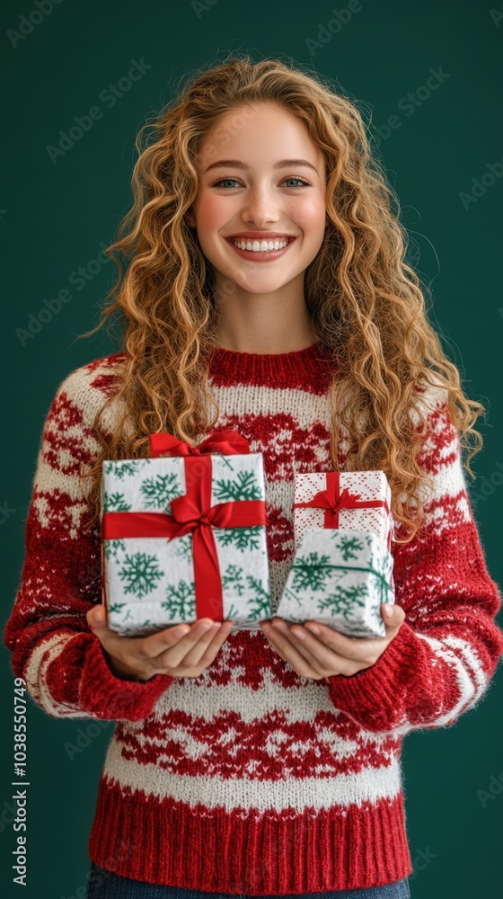 Wall mural Half body shot of a Canadian woman smiling in a woolen red and white sweater, holding a stack of wrapped presents, with a soft pine-green studio backdrop, Christmas gifting, holiday retail