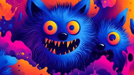 Two blue furry monsters with big eyes and sharp teeth are grinning in a colorful background with pink, orange and purple splatters.