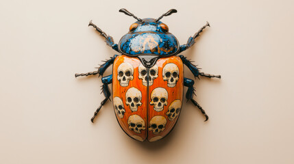 Strange bug with skulls on its back, neutral beige background