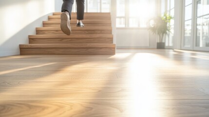 person walking up wooden stairs in bright room